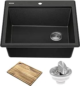 Kraus KGTW12-25MBL Bellucci 25 inch Granite Composite Workstation Drop-In Top Mount Single Bowl Kitchen Sink with Accessories, Metallic Black