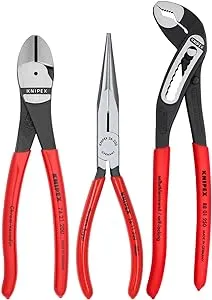 KNIPEX Tools 00 20 08 US1 Long Nose, Diagonal Cutter, and Alligator Pliers 3-Piece Tool Set, Red (Packaging May Vary)