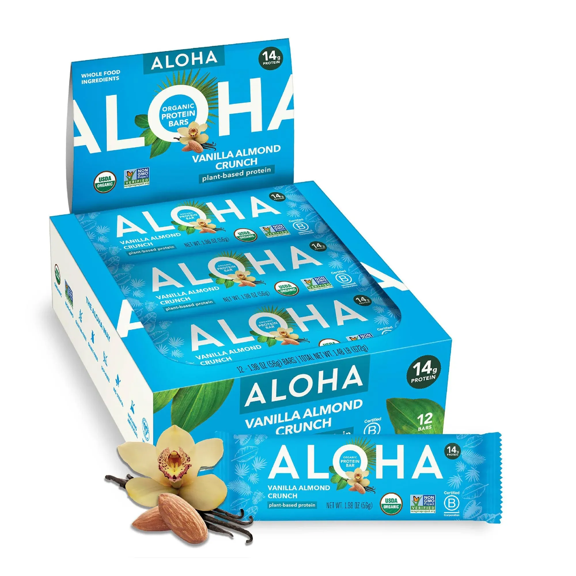 ALOHA Organic Plant Based Protein Bars - Vanilla Almond Crunch - 12 Count