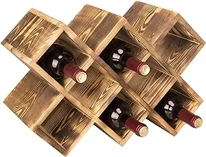 MyGift Rustic Brown Solid Wood Tabletop Wine Bottle Holder Rack with Geometric Cross Hatch Design, Vertical or Horizontal Display, Holds up to 8 Bottles