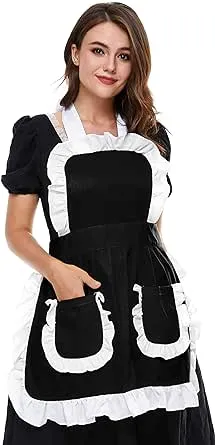 LilMents Women's Ruffles Outline Retro Pockets Apron Kitchen Cooking Cleaning Maid Costume (Black)