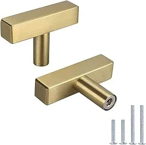 LONTAN 6Pack Kitchen Cabinet knobs Brushed Brass Cabinet Knobs Square - LS1212GD Euro Gold Cabinet Knobs T Bar Stainless Steel Knobs for Cabinets,Single Hole 2'' Length