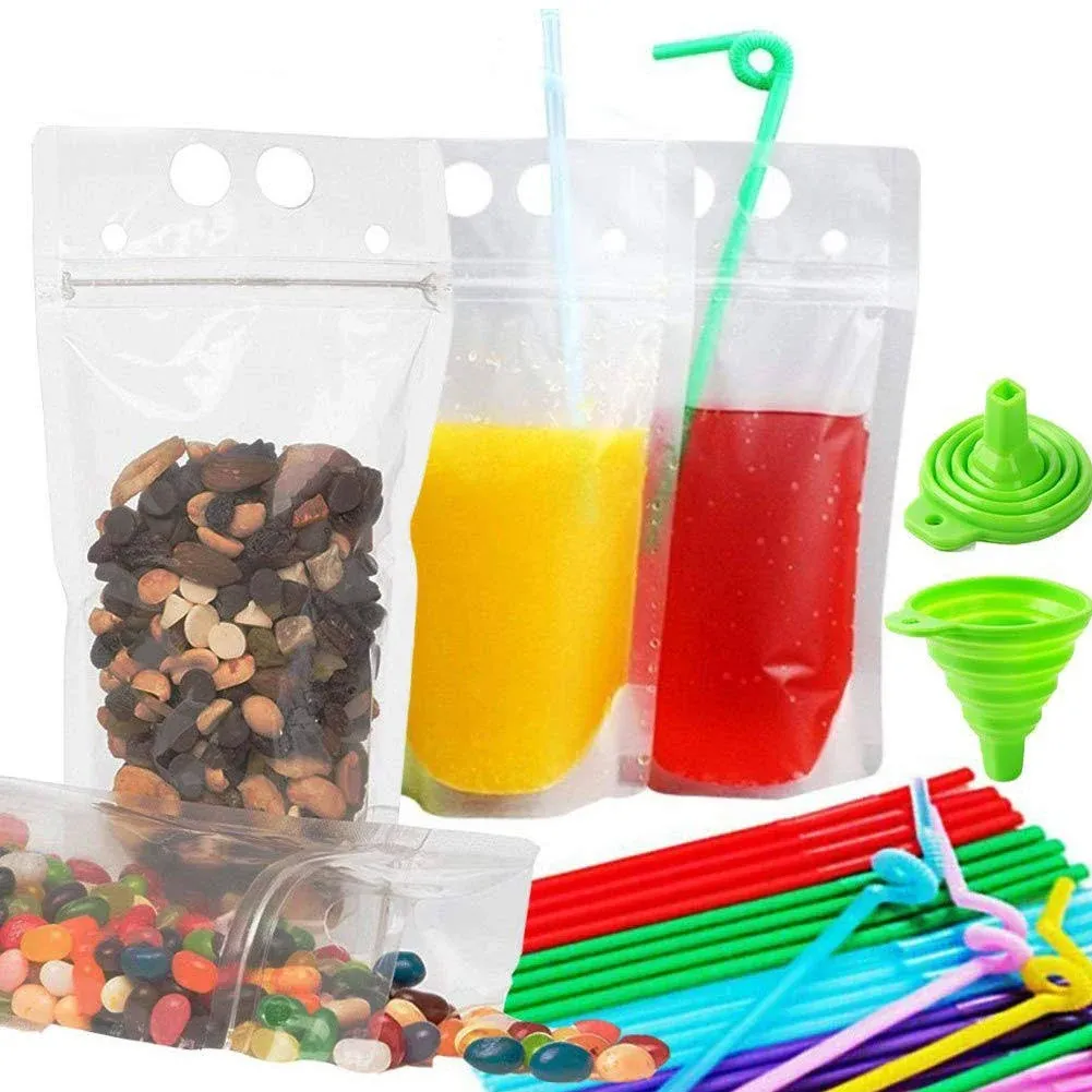 50Pcs double zip pouches drink Bags with 20 Straws,&30 Popsicle Bags Heavy-duty Handheld Foldable Ice Beverage Bags for Smoothies, Cold & Hot Drinks