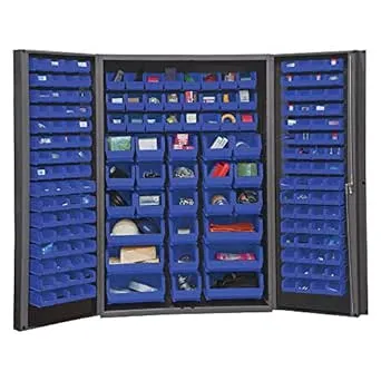 Durham DC48-176-5295 Lockable Cabinet with 176 Blue Hook-On Bins, Deep Door Style, 48" Wide, 14 Gauge, Gray