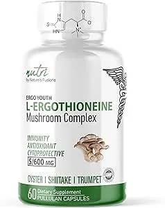 Nutri L Ergothioneine Supplements With Organic Mushroom Complex - 5mg L-Ergothioneine & 600mg Organic Mushroom Extracts, Organic Oyster, Organic Shiitake and Organic King Trumpet 600 mg- 60 Capsules