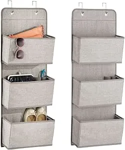 mDesign Fabric Hanging Organizers, Over The Door Storage in Bedroom/Hallway Closets, 3 Pocket Organizer Caddy, Hooks for Clothing, Accessories, Lido Collection, Textured Print, 2 Pack, Linen/Tan