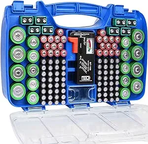 The Battery Organizer Storage Case with Hinged Clear Cover, Includes A Removable Battery Tester, Holds 180 Batteries Various Sizes Blue.