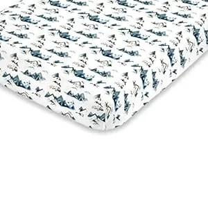 NoJo Super Soft Blue, Green, Tan & White Mountain Watercolor Fitted Mini Crib Sheet, Blue, Green, Tan, White