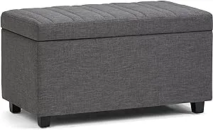 SIMPLIHOME Darcy 33 Inch Wide Contemporary Rectangle Storage Ottoman Bench in Slate Grey Linen Look Fabric, For the Living Room, Entryway and Family Room