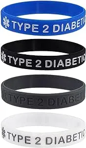 TYPE 2 DIABETIC Medical Alert ID Silicone Bracelets Adult Size (4 Pack)