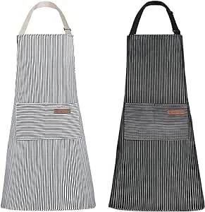 Tosewever 2 Pieces Kitchen Cooking Aprons, Cotton Polyester Blend Adjustable Bib Aprons with 2 Pockets for Women Men Chef Chef (Navy/Black Stripes, 2)