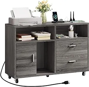 YITAHOME Wood File Cabinet with Charging Station, Rolling Filing Cabinet Cart with Door, Industrial Nightstand with Printer Shelf for Home Office, Bedroom, Living Room, Entryway, Black