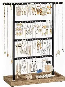 SONGMICS Jewelry Organizer, 4-Tier Earring Holder Organizer Stand with Base Tray, for Studs and Necklaces, Vintage, Christmas Gift, Wood Color and Black UJJS019B01