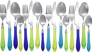 Gypsy Color The Original Brink House Sea Blue Green Mix Match Stainless Steel Cutlery Set with Translucent Handles 16 Pieces with Metal