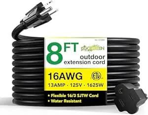 Go Green Power Inc. (GG-13708BK) 16/3 SJTW Outdoor Extension Cord, Black, 8 ft