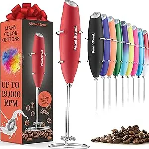 Peach Street Powerful Handheld Milk Frother, Mini Milk Foamer, Battery Operated Stainless Steel Drink Mixer with Frother Stand