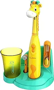 Brusheez Kids’ Electric Toothbrush Set - Safe & Effective for Ages 3+ - Parent Tested & Approved with Gentle Bristles, 2 Brush Heads, Rinse Cup, 2-Minute Timer, & Storage Base (Jovie The Giraffe)