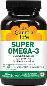 Country Life Super Omega-3, Concentrated, Fish Body Oils, EPA/DHA 400mg/200mg, 60 Softgels, Certified Gluten Free