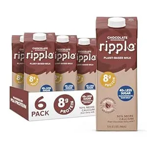 Ripple Chocolate Plant-Based Milk, Dairy-Free Milk, Natural Flavors, 8g Protein, 50% More Calcium Than Chocolate Dairy Milk, Less Sugar, Vegan Friendly, Kosher, Gluten Free & Non-GMO, 32 Fluid Ounce (Pack of 6)