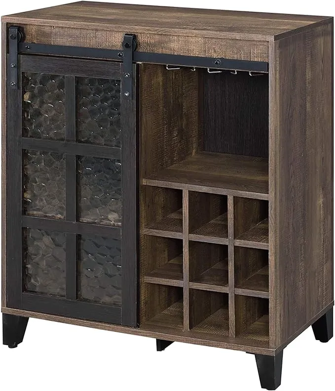 Acme Treju Wooden Wine Cabinet with Glass Door in Rustic Oak and Black