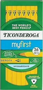 Ticonderoga My First Tri-Write Wood-Cased Pencils, Unsharpened, 2 HB Soft, Without Erasers, Yellow, 36 Count