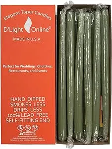 D'light Online Elegant 10" Olive Green Taper Candles Premium Quality Candles, Unscented, Hand-Dipped, Dripless and Smokeless Taper Candles - Individually Wrapped (10 Inch, Basil)