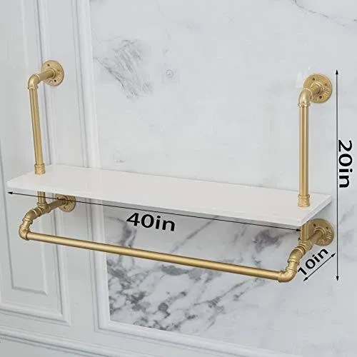 Tianman 40",Gold,White,Industrial Detachable Wall-Mounted Black Iron Wooden Garment Bar,Heavy Duty Pipe Clothing Rack,Pipe Clothes Rack, Multi-Purpose Hanging Rod for Closet Storage