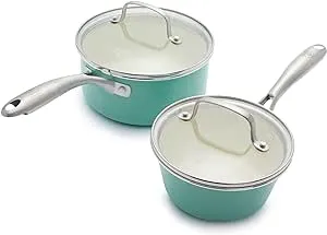 GreenLife Artisan Healthy Ceramic Nonstick, 1QT and 2QT Saucepan Pot Set with Lids, Stainless Steel Handle, PFAS-Free, Dishwasher Safe, Oven Safe, Turquoise