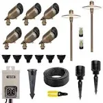 12V Brass LED Landscape Lighting Kit (6 Spotlights, 2 Path Lights) with 100W Low Voltage Transformer