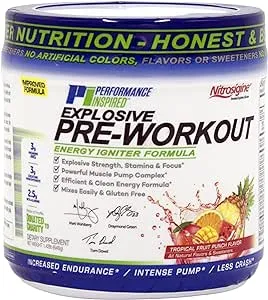 Performance Inspired Nutrition PreWorkout Powder - All Natural - G-Free & Vegan Formula - Contains Citrulline - Nitrosigine - Green Tea - Arginine - Beta Alanine - Tropical Fruit Punch - 32 Servings