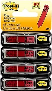 Post-it Message Flags, "Sign Here", 20/Dispenser, 4 Dispensers/Pack, 0.47 in Wide, Red (684-RDSH)