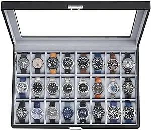 SONGMICS Watch Box, 24-Slot Watch Case, Lockable Watch Storage Box with Glass Lid, Gift Idea, Ink Black Synthetic Leather, Christmas Gifts for Men, Dove Gray Lining UJWB024