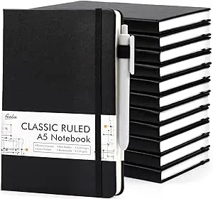 feela 12 Pack Notebooks Journals Bulk with 12 Black Pens, A5 Hardcover Notebook Classic Ruled Journal Set with Pen Holder for School Business Work