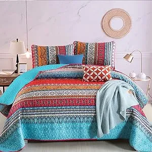 WONGS BEDDING Bohemian Quilt Set Queen Size, Boho Striped Pattern Quilts Bedspread Set for All Season, Soft Microfiber Bedding Coverlet Set 96"x90"(3 Pieces, Queen)