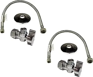 Complete Set 1/2 in. NOM Inlet x 3/8 in. OD Compression Outlet Angle Shut Off Valve + Escutcheon Plate + 20" Long Stainless Steel Braided Faucet Water Supply Line (2 Pack)