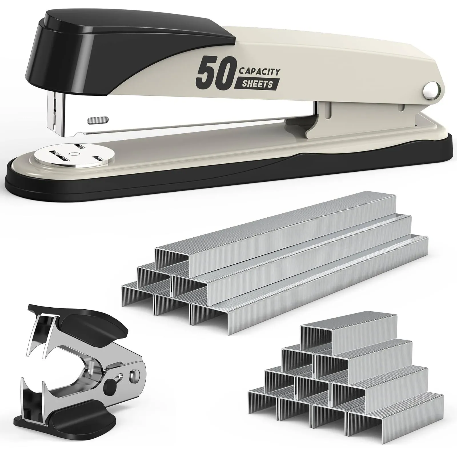 Swihauk Metal Stapler Heavy Duty 50 Sheet Capacity with 1750 Staples and Staple Remover, White Stapler Full Strip Staplers for Desk, No Jam, Non-Slip