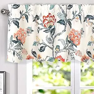 DriftAway Ada Botanical Print Lined Flower Leaf Thermal Insulated Window Valance Rod Pocket 52 Inch by 18 Inch Plus 2 Inch Header Ivory Orange Teal 1 Pack