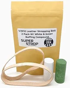 1/2X12 Inch 2 Pk Leather Honing Belts Super Strop Work Sharp Wht &amp; Grn Compound