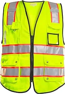 PACIFIC 10 Pockets Safety Vest for Men, 3M High Visibility Reflective Strips with Pockets and Zipper, ANSI Class 2, Yellow, Large