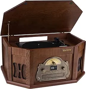 Boytone BT-25MB 8-in-1 Natural Wood Classic Turntable Stereo System with Bluetooth Connection, Vinyl Record Player, AM/FM, CD, Cassette, USB, SD Slot. 2 Built-in Speakers, Remote Control, MP3 Player