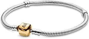 Pandora Logo Barrel Clasp Snake Chain Bracelet - Two-Tone Charm Bracelet for Women - Compatible Moments Charms - Sterling Silver Gold - Gift for Her - 7.5"