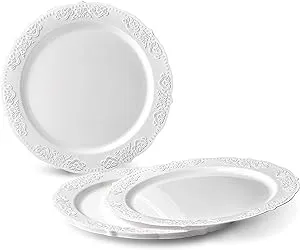 " OCCASIONS " 200 Piece set (25 Guests)-Vintage Wedding Party Disposable Plastic Plates & cutlery -25x10.25''+ 25x7.5'' +Silverware+ Silver Rim Cups+ Napkins (Portofino Plain White)