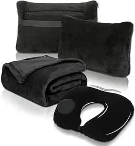 Travel Blanket and Pillow Set - Portable Inflatable Travel Neck Pillow and Premium Soft Airplane Blanket with Built-in Soft Bag, Neck Snaps, Zippered Pouch, and Hand Luggage Belt, 70" x 40" (Black)