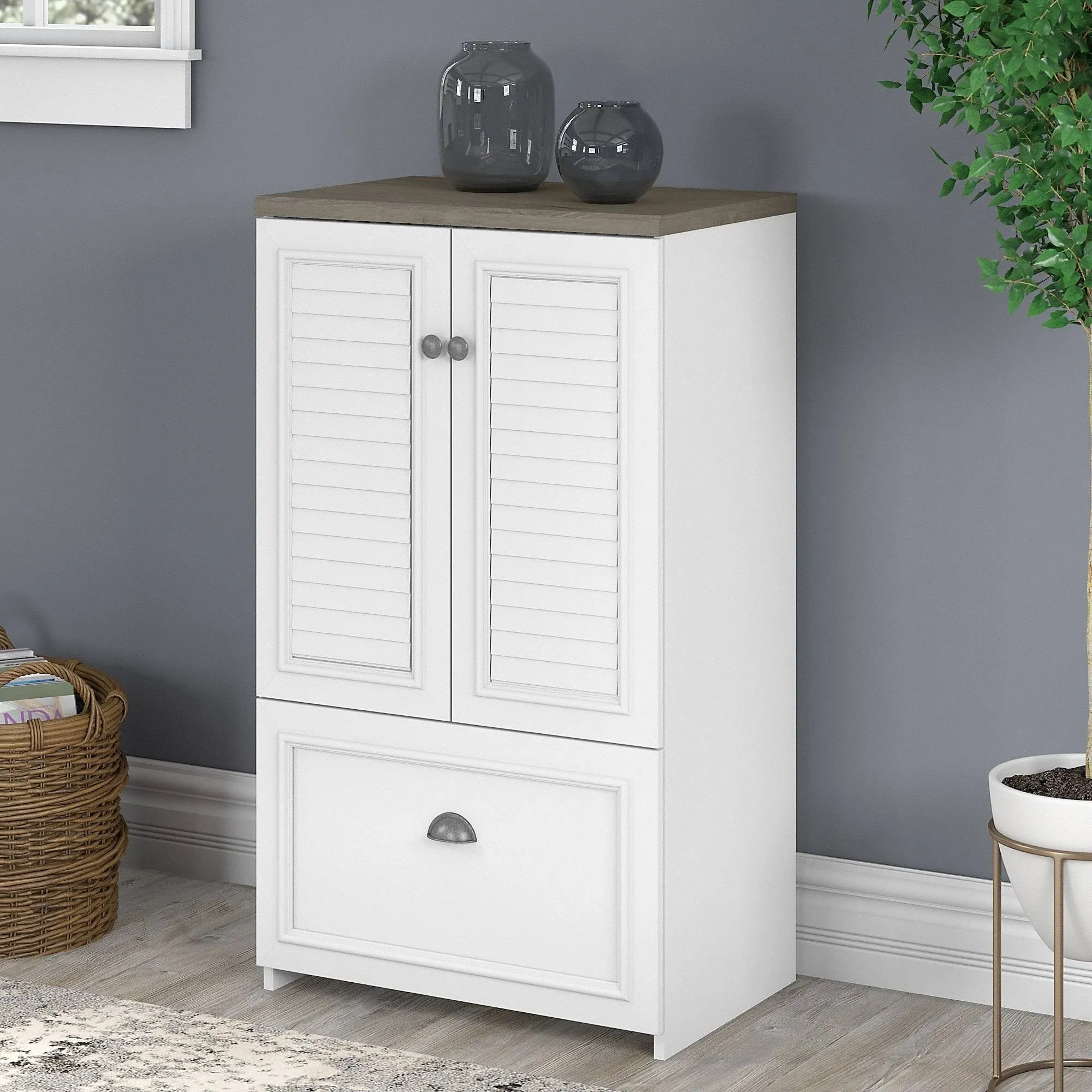 Fairview Storage Cabinet with File Drawer in White and Gray - Engineered Wood