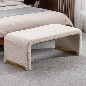 NIOIIKIT 47.2'' Ottoman Bench with Boucle Fabric, Faux Fur End of Bed Bench with Golden Metal Legs, Upholstered Entryway Bench for Living Room, Bedroom, Entryway (BG-47.2)