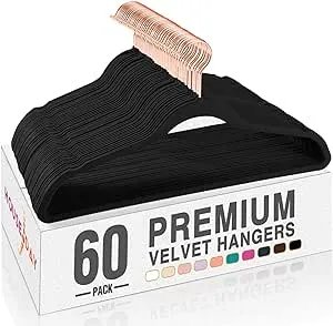 HOUSE DAY Black Velvet Hangers 60 Pack, Premium Clothes Hangers Non-Slip Felt Hangers, Sturdy Black Hangers Heavy Duty Coat Hangers, Durable Suit Hangers for Space Saving, No Hanger Marks Gold Hook