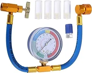 R134A Refrigerant Recharge Hose Kit with Pressure Gauge for Car Air Conditioning, R134a Piercing Can Tap, R134A Quick Coupler, 1/2” Can Tap Dispensing Valve, R12 to R134a Low Pressure Retrofit Valve