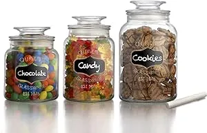 American Atelier Canister Set 3-Piece Glass Jars in 33oz, 44oz & 60oz Chic Retro w/ Airtight Lids, Chalkboard, for Cookies, Candy, Coffee, Flour, Sugar, Rice, Pasta, Cereal & More, Clear