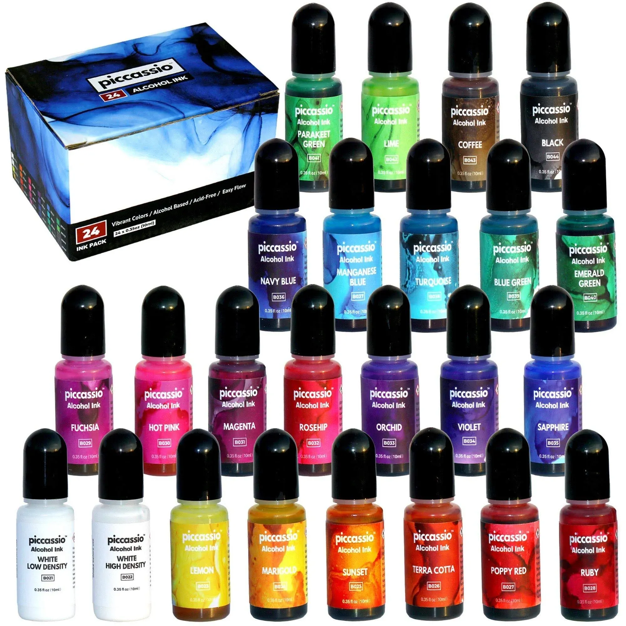 Piccassio Alcohol Ink Set - 24 Highly Saturated Alcohol Inks - Fast-drying and Permanent Inks - Versatile Alcohol Ink for Epoxy Resin, Tumblers, Fluid