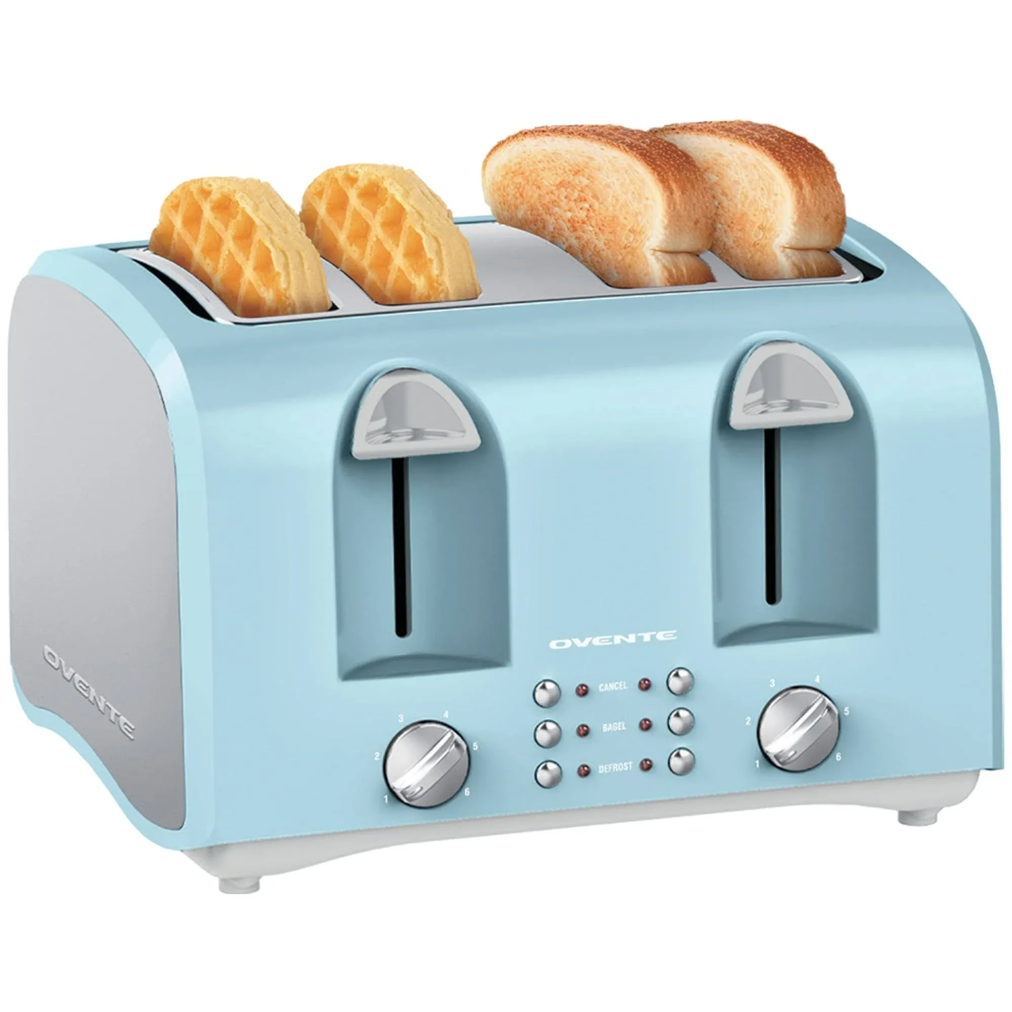 OVENTE 4-Slice Toaster with Extra Wide Slots, 6-Shade Browning Setting, Cancel, Defrost and Reheat Function, 1400W Countertop Toaster, Easy to Clean with Removable Crumb Tray, Light Blue TS4410LBL